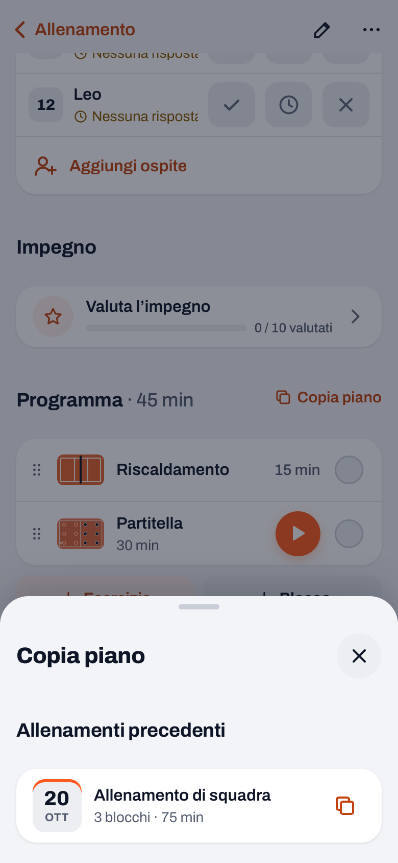 Pannello Copia piano in Koach con sotto Allenamenti precedenti un allenamento con il numero di blocchi e i minuti