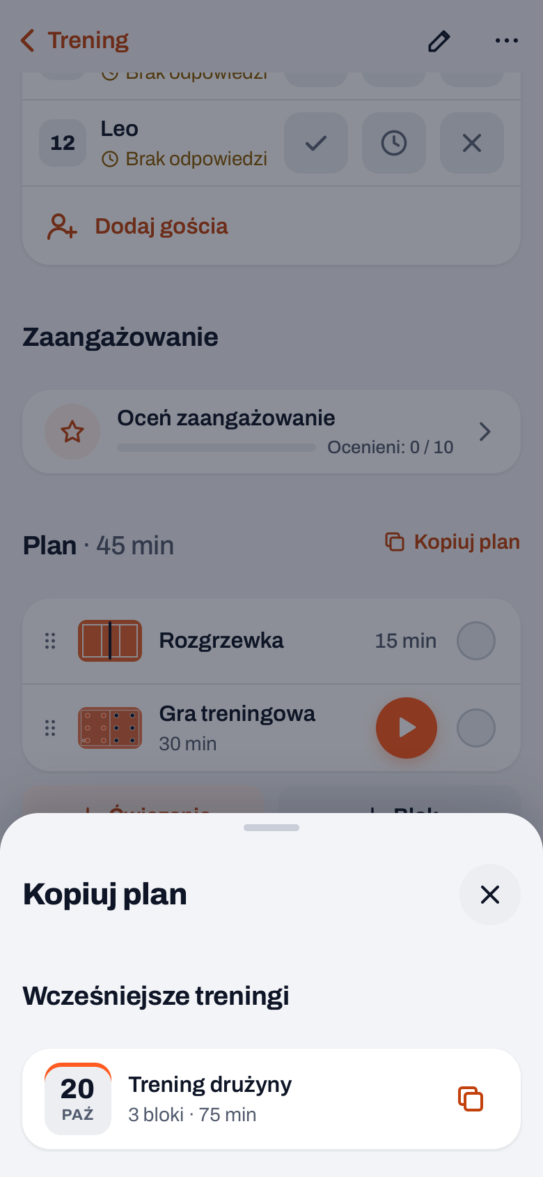 Okno Kopiuj plan w Koach: w sekcji Wcześniejsze treningi trening z liczbą bloków i minutami