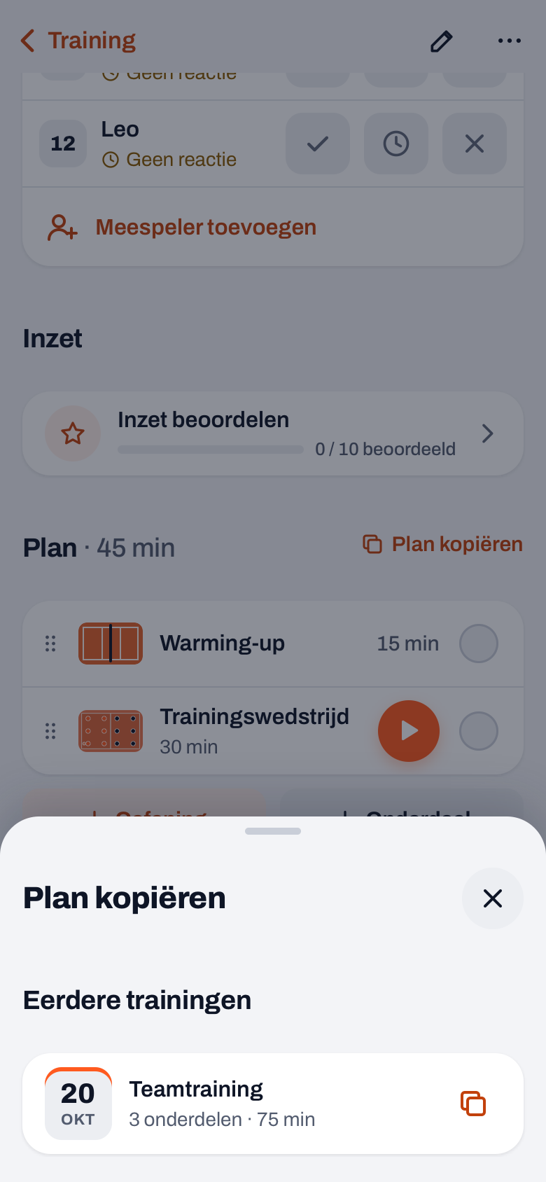 Blad Plan kopiëren in Koach met onder Eerdere trainingen een training met het aantal onderdelen en minuten