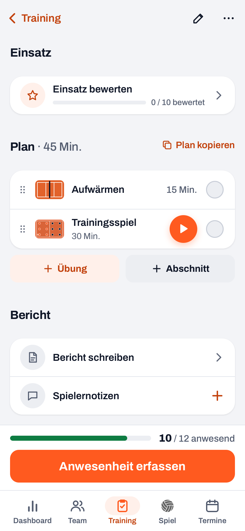 Plan eines Trainings in Koach: Plan · 45 Min. mit Aufwärmen und dem Abschnitt Trainingsspiel mit orangem Startknopf