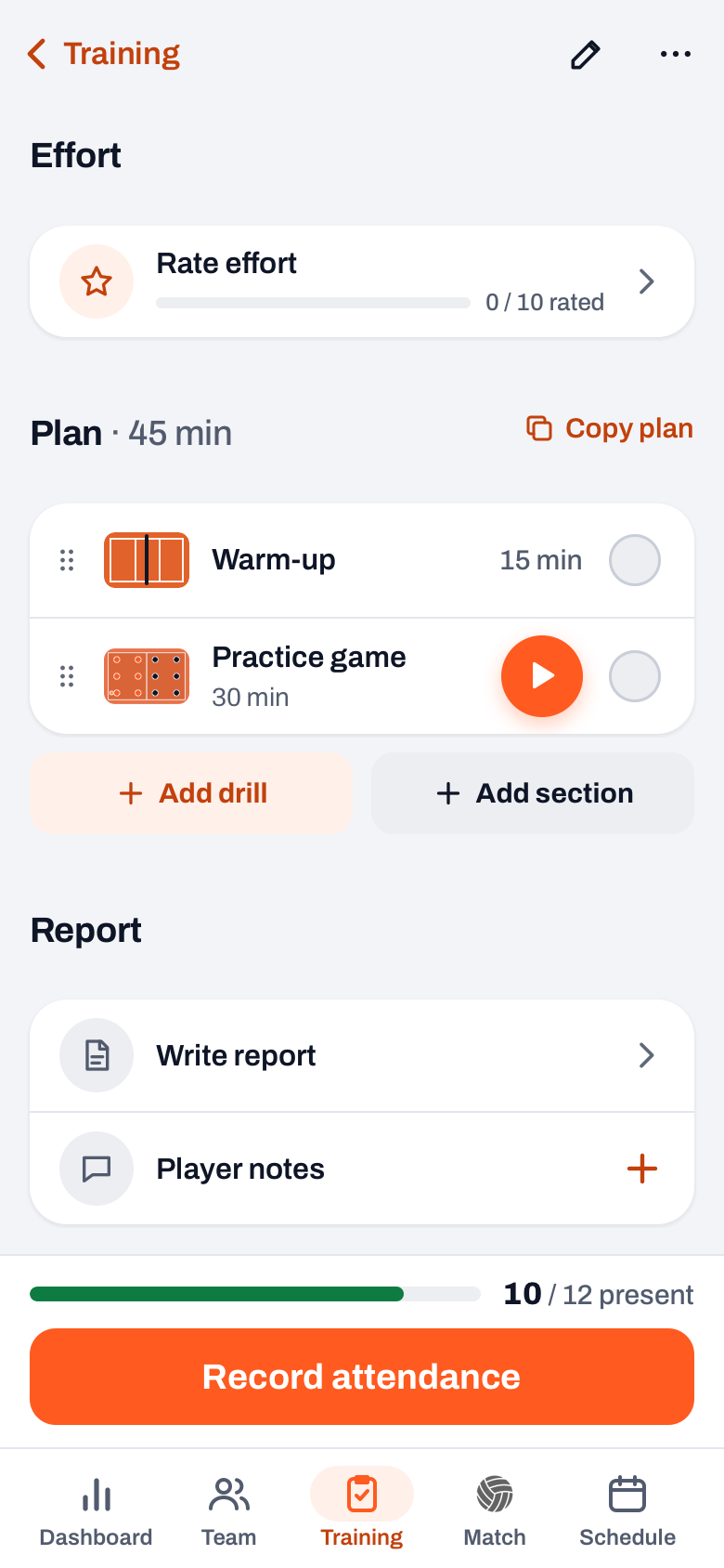 A practice plan in Koach: Plan · 45 min with a warm-up and the Practice game section with an orange start button