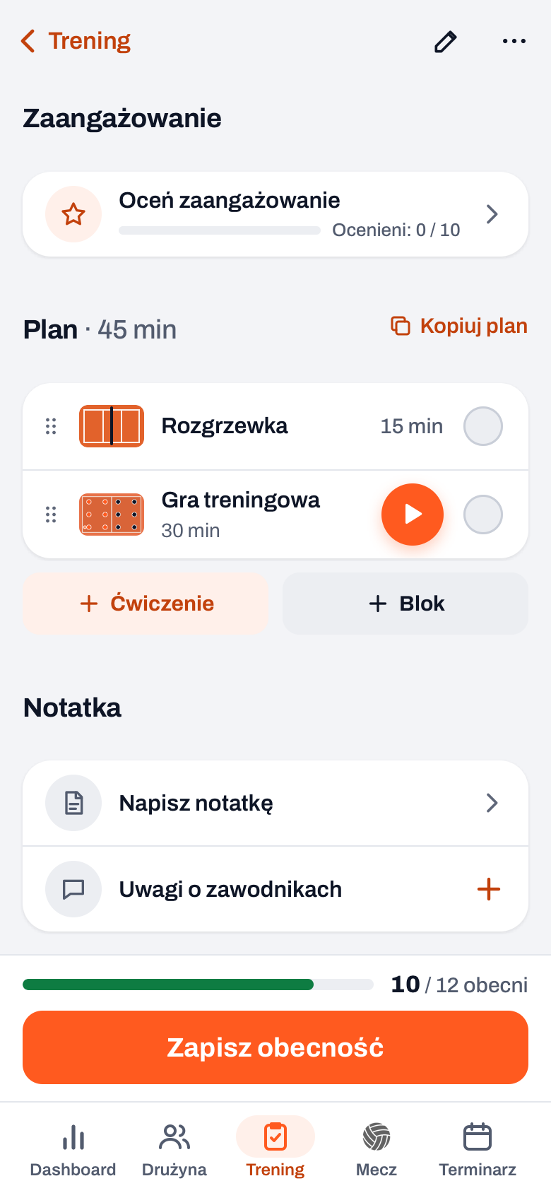 Szczegóły treningu w Koach z Plan · 45 min: rozgrzewka i element Gra treningowa z pomarańczowym przyciskiem odtwarzania