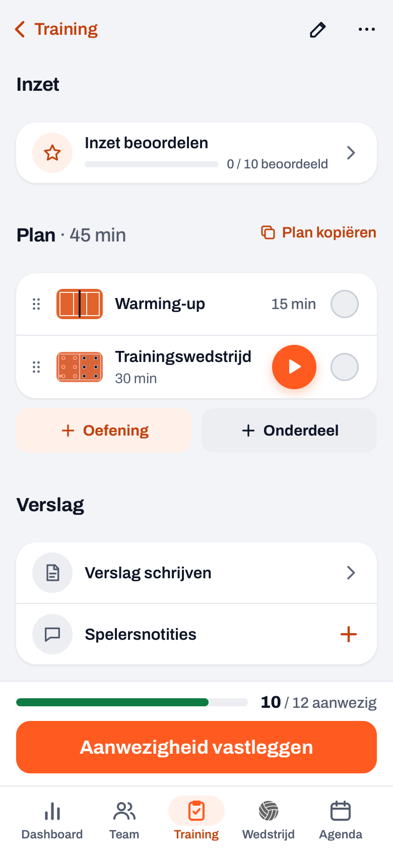 Trainingsdetail in Koach met Inzet beoordelen, het Plan van 45 minuten met twee onderdelen en daaronder Verslag schrijven en Spelersnotities