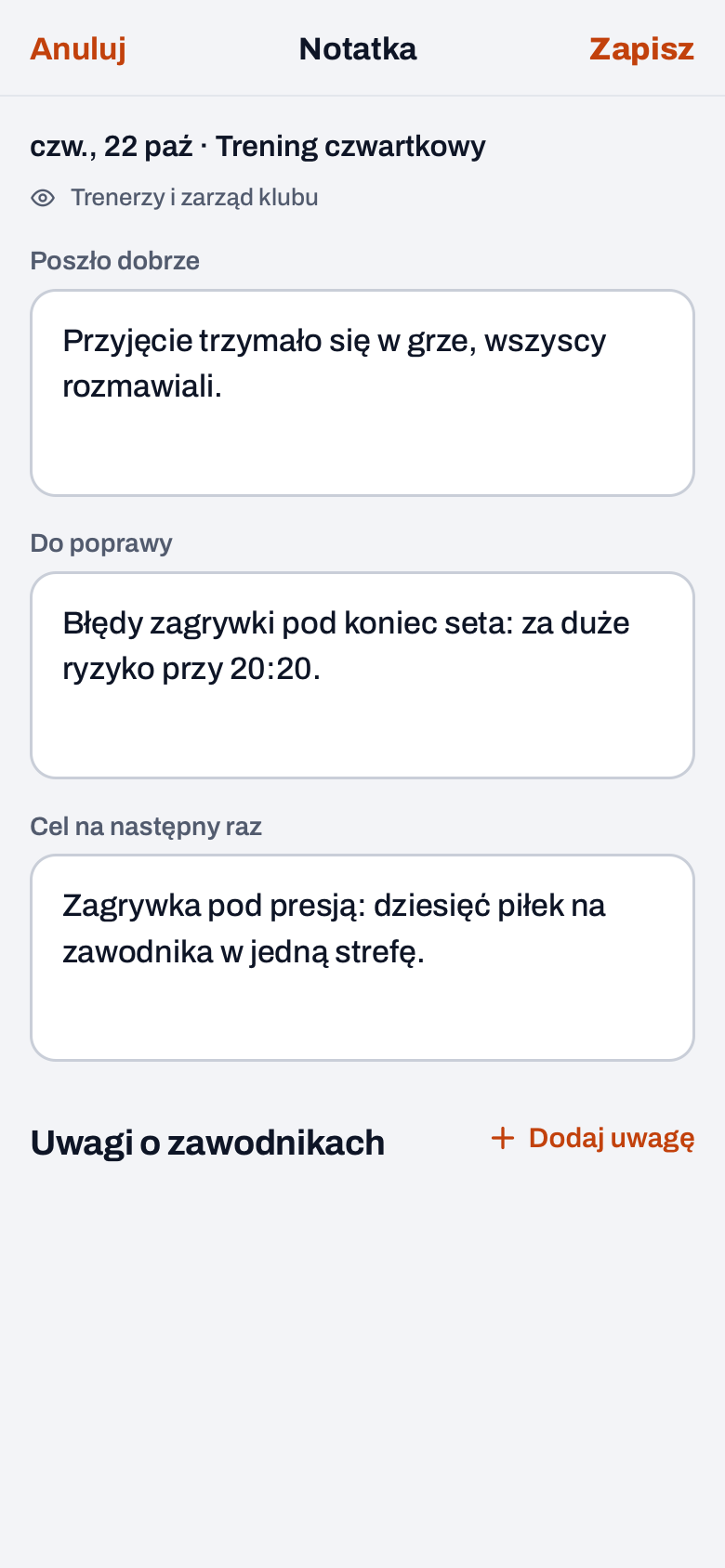 Notatka z treningu w Koach z polami Poszło dobrze, Do poprawy i Cel na następny raz, widoczna dla trenerów i zarządu klubu