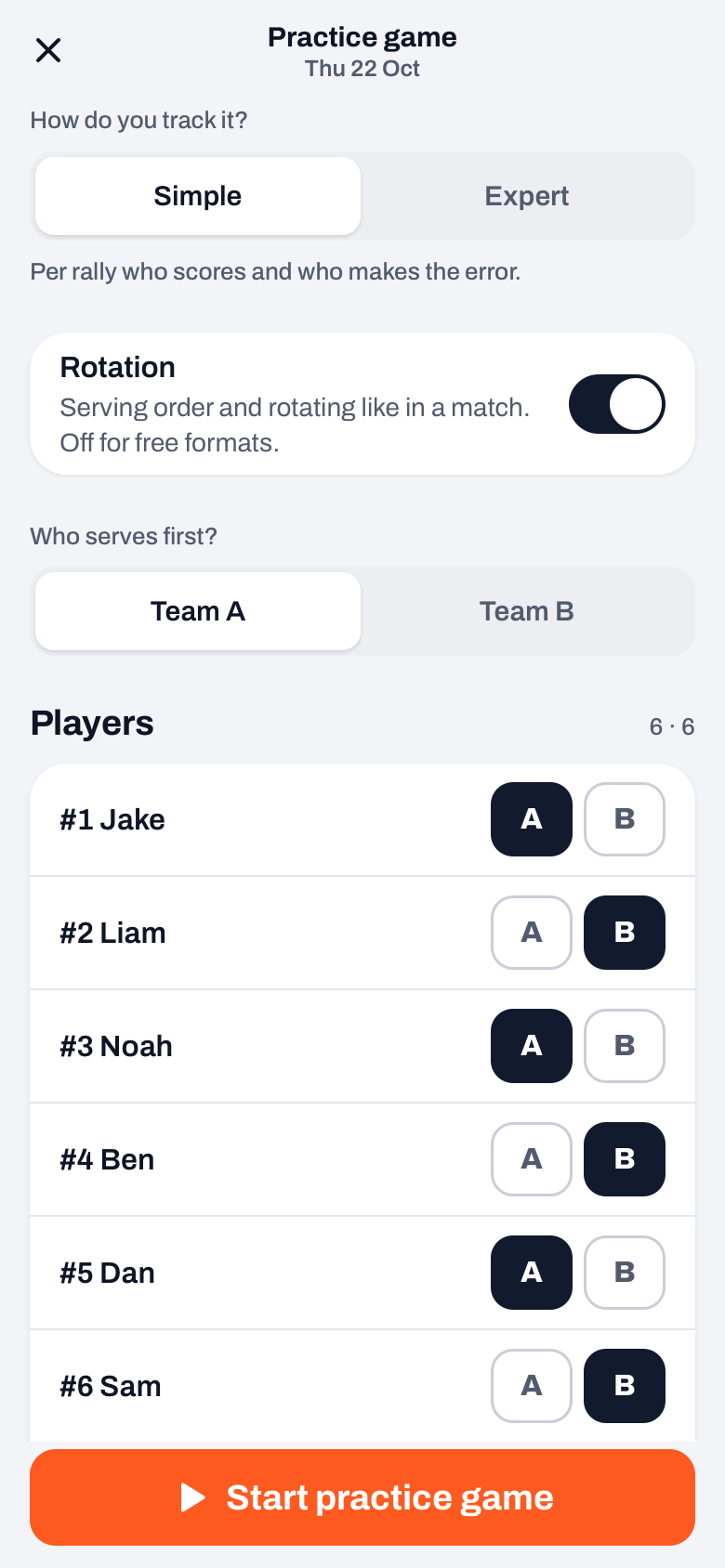 Splitting teams for a practice game in Koach: A and B buttons for each player, with the counter 6 · 6 next to Players