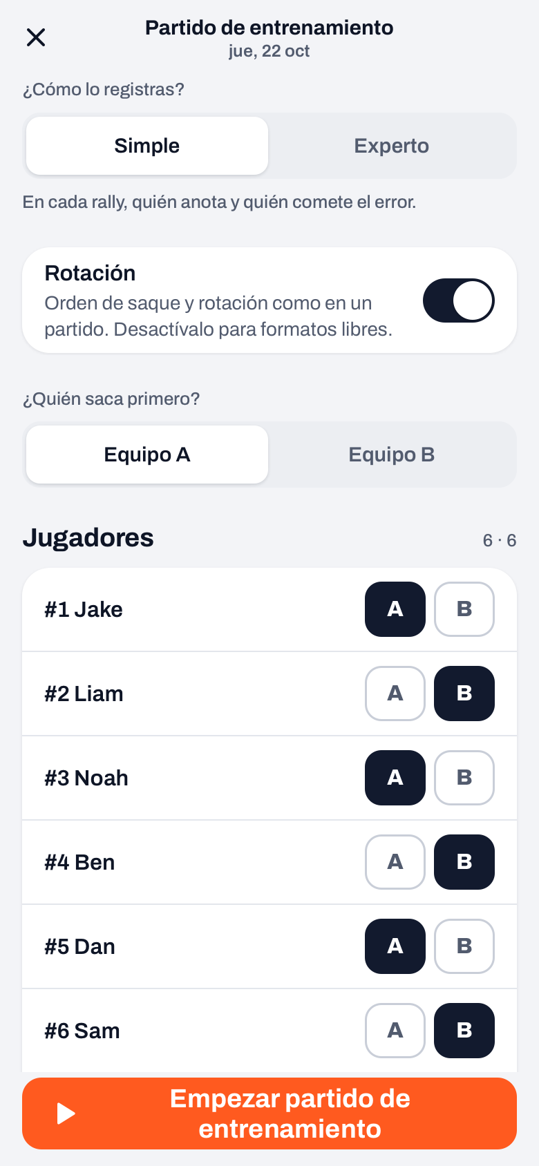 Configurar un juego de partido como partido de entrenamiento en Koach: Simple o Experto, el interruptor Rotación, quién saca primero y equipo A o B