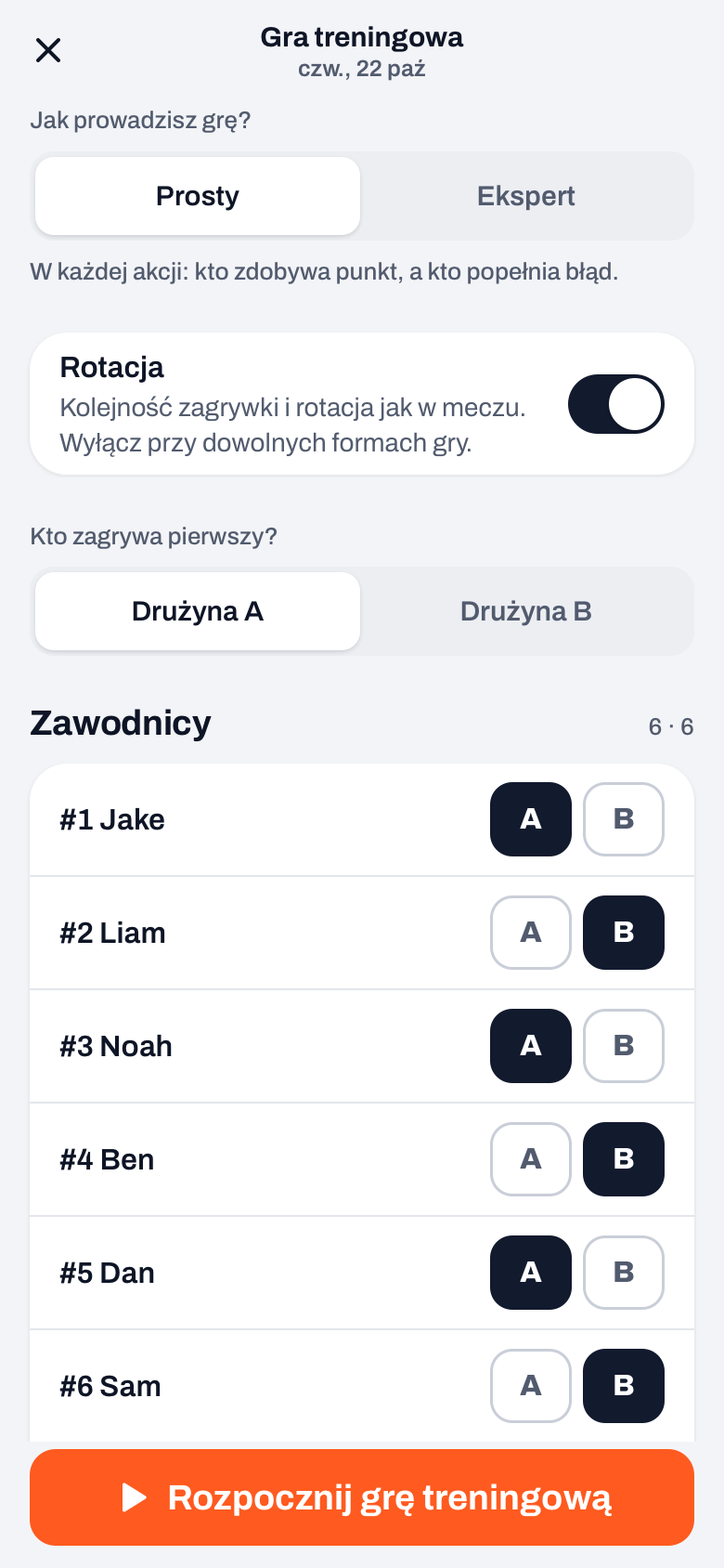 Ustawianie gry treningowej w Koach: Prosty lub Ekspert, przełącznik Rotacja, kto zagrywa pierwszy i przy każdym zawodniku przyciski A i B