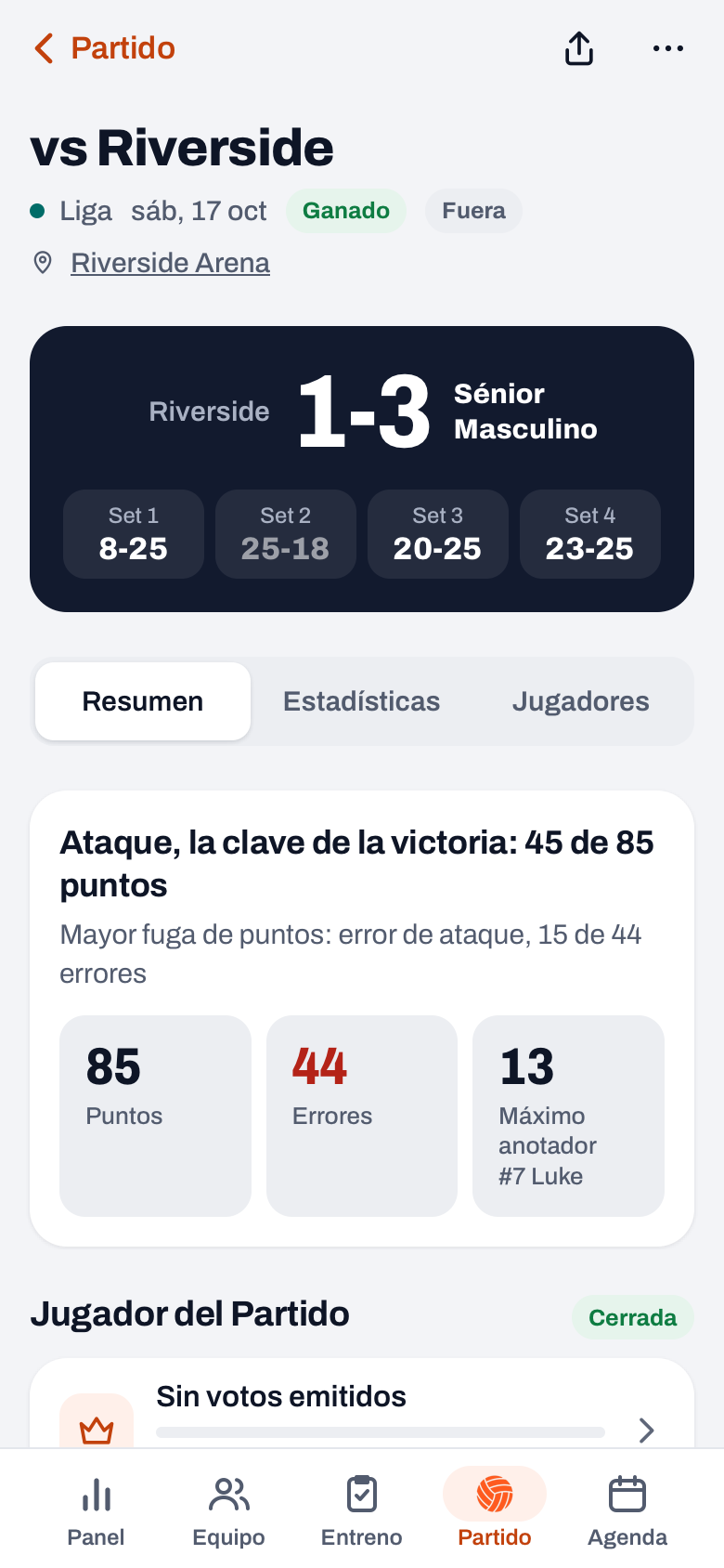 Resumen de un partido en Koach: la mayor fuente de puntos, la mayor fuga y las fichas Puntos, Errores y Máximo anotador