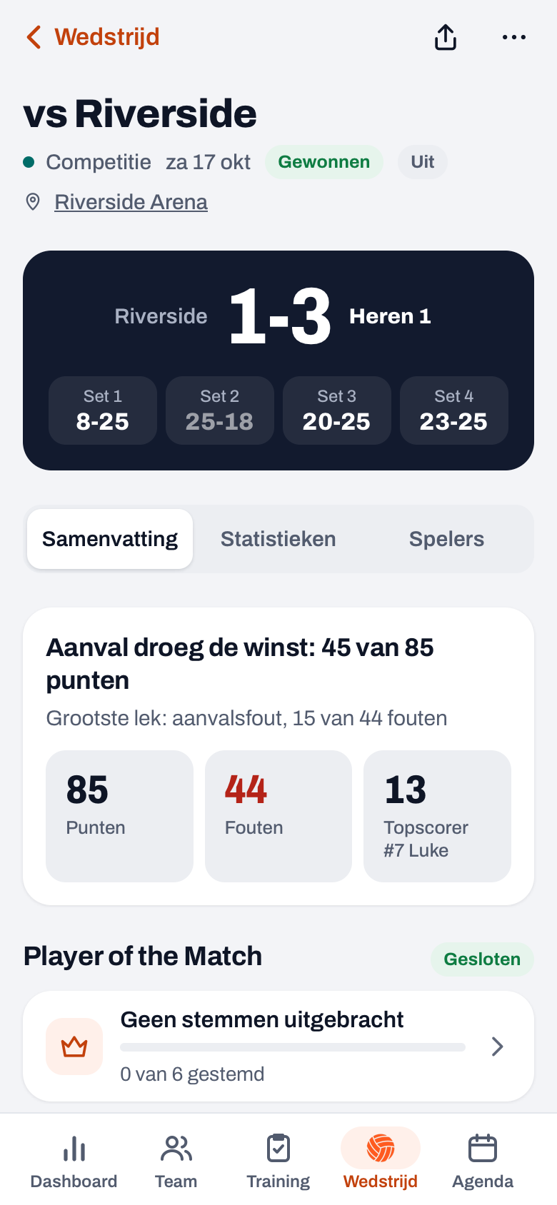 Samenvatting van een gespeelde wedstrijd in Koach met de grootste puntenbron, de regel Grootste lek en de tegels Punten, Fouten en Topscorer