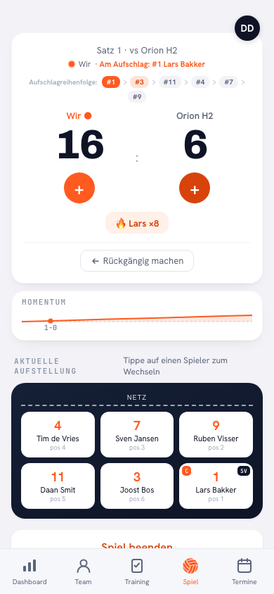 Live-Scoring-Bildschirm der Koach-App, auf dem die Momentum-Linie ab dem vierten Ballwechsel unter dem Spielstand läuft