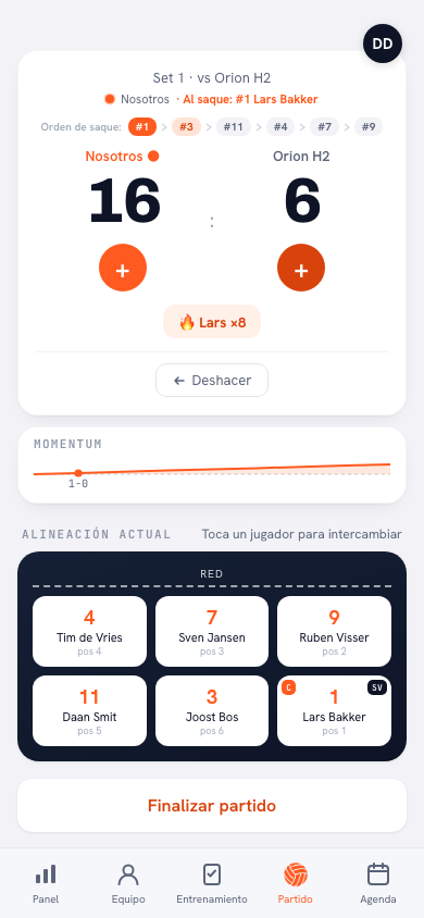 Pantalla de marcador en vivo de la app Koach donde la línea de momentum corre bajo el marcador a partir del cuarto punto