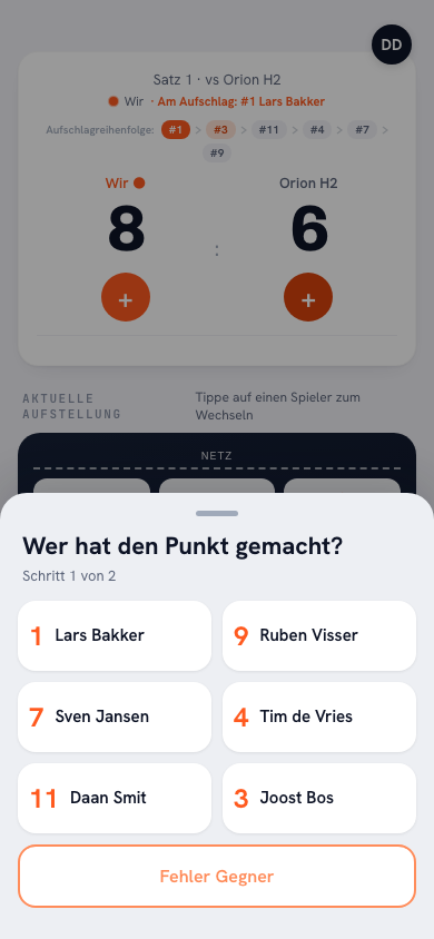 Punktregistrierung in der Koach-App mit dem separaten Button ‚Fehler des Gegners' unten