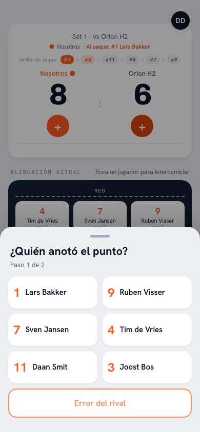 Registro de puntos en la app Koach con el botón aparte de ‘Error del rival’ en la parte inferior