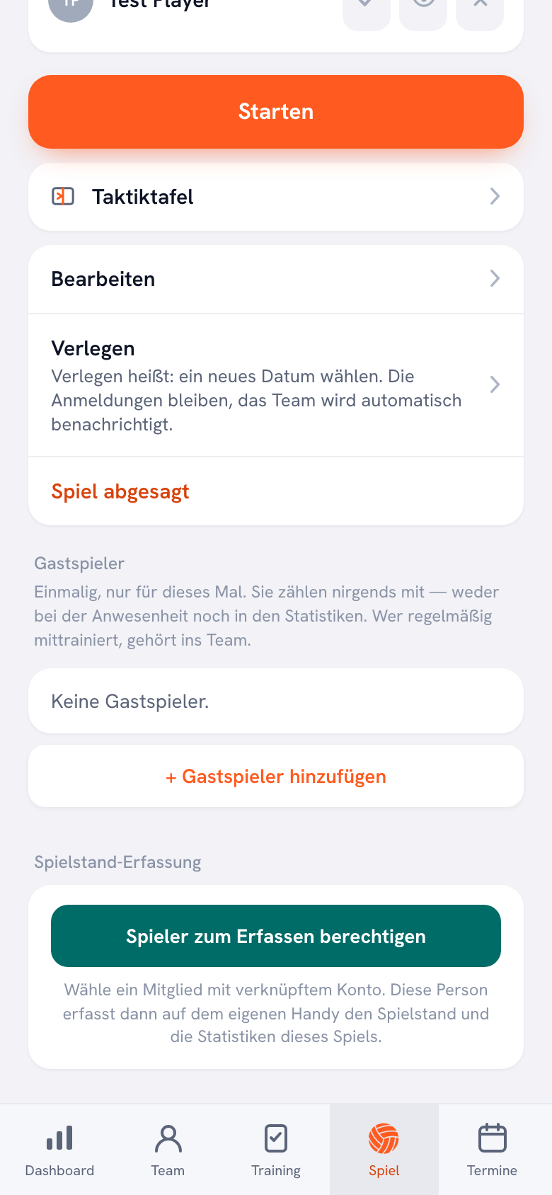 Der untere Teil des Spielbildschirms mit dem Block Spielstand-Erfassung und dem grünen Button ‚Spieler zum Erfassen berechtigen’ über dem Hinweis zum verknüpften Konto.