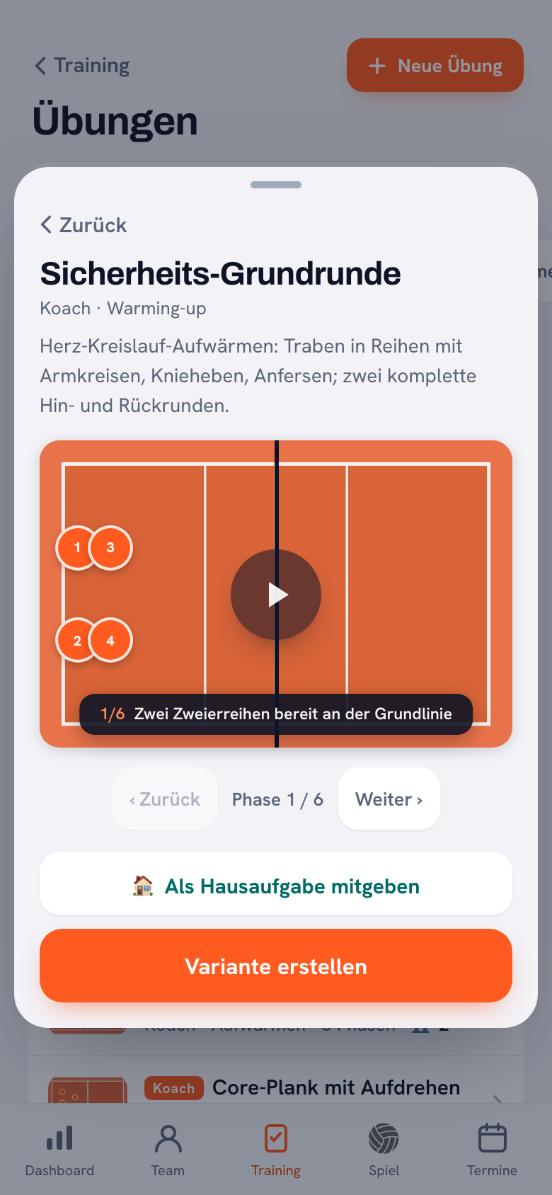 Eine geöffnete Übung: die Beschreibung, das Spielfeld mit nummerierten Spielern und einer Abspieltaste, der Phasentext unter dem Feld und der Phasenzähler mit Tasten zum Vor- und Zurückblättern.