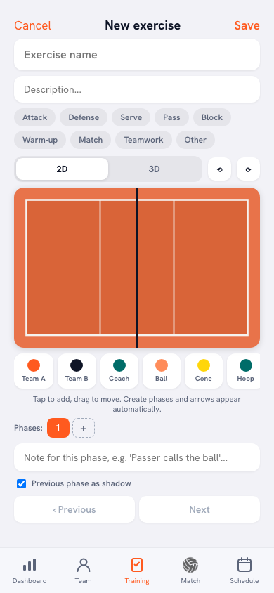 New drill in the Koach drill editor: name, category selection, phase and description with scoring