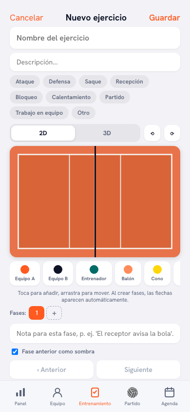 Nuevo ejercicio en el editor de ejercicios de Koach: nombre, selección de categoría, fase y descripción con puntuación
