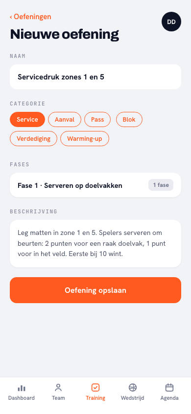 Serviceoefening 'Servicedruk zones 1 en 5' vastgelegd in de oefeningeditor met telling en fase