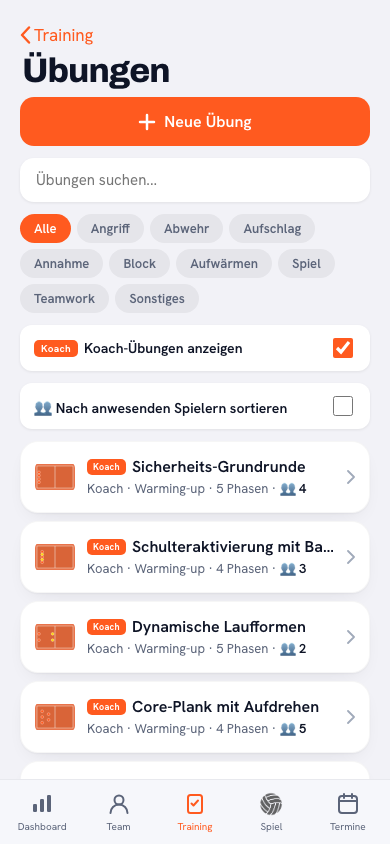 Übungsbibliothek mit der Übung Annahme-Angriff über 3 Meter in der Kategorie Annahme und Angriff