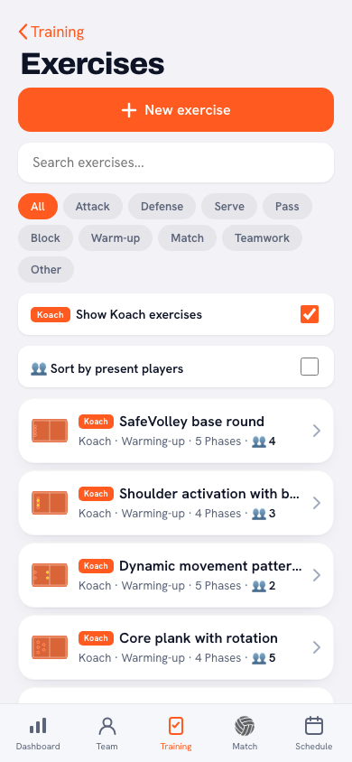 Drill library with coach filter: all, Dennis, Mark — plus the creator per drill