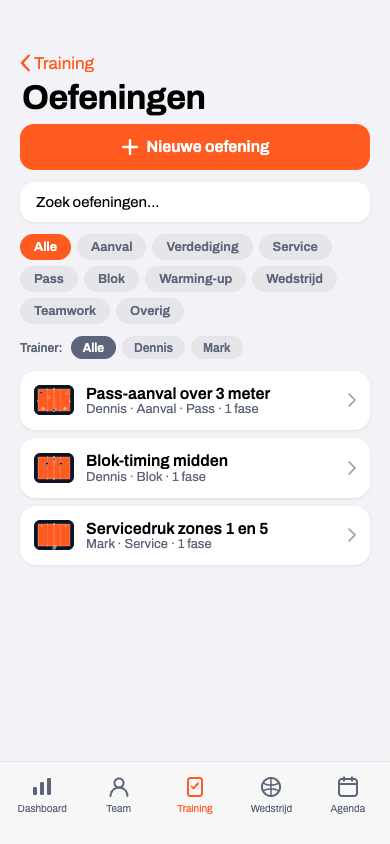 De gedeelde oefeningenbibliotheek met trainerfilter — samenwerken in één team-account