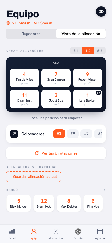 Alineación 4-2 flexible en la app Koach con jugadores en posiciones alternativas