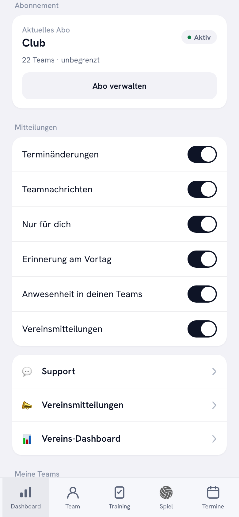 Der Abo-Block im Profil: „Aktuelles Abo“, darunter Club mit der Kennzeichnung Aktiv, die Zeile „22 Teams · unbegrenzt“ und eine Schaltfläche zum Verwalten des Abos.