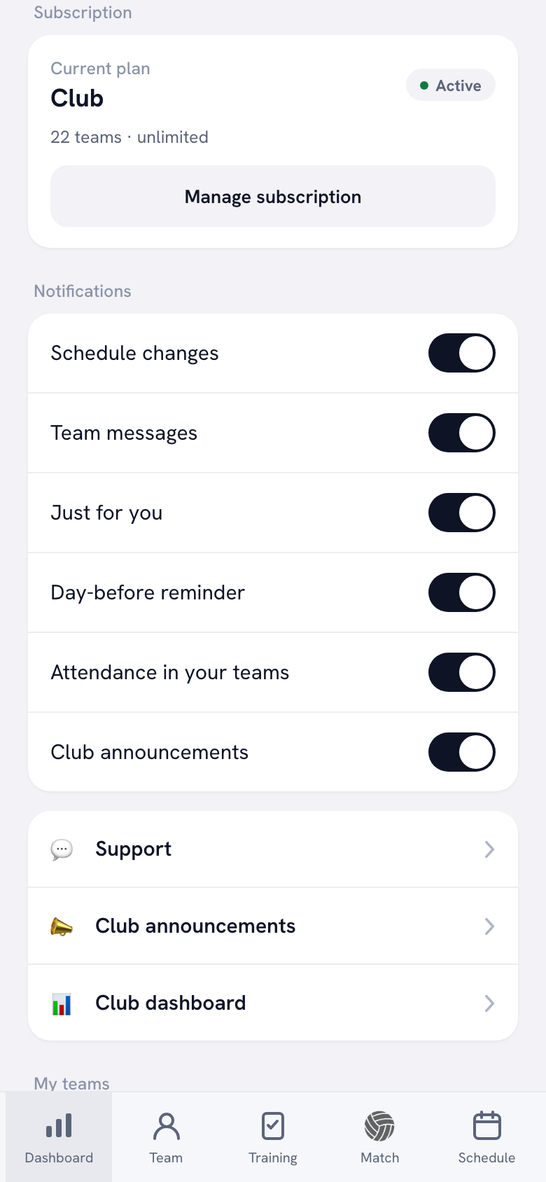The subscription block in the profile: ‘Current plan’, then Club with an Active label, the line ‘22 teams · unlimited’, and a Manage subscription button.