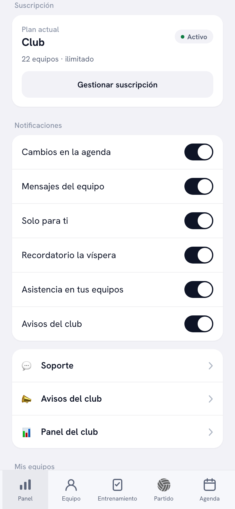 El bloque de suscripción en el perfil: «Plan actual», debajo Club con la etiqueta Activo, la línea «22 equipos · ilimitado» y un botón para gestionar la suscripción.