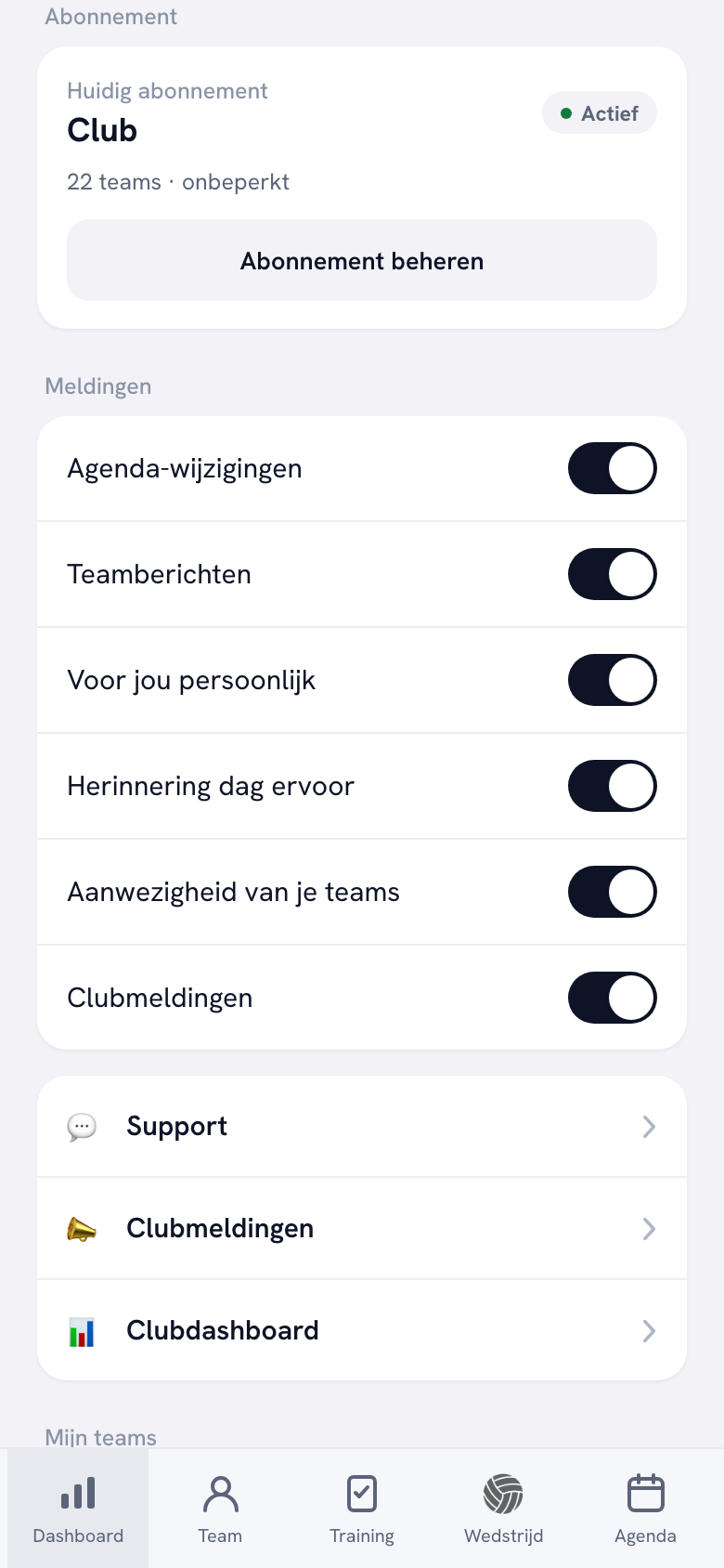 Het abonnementsblok in het profiel: ‘Huidig abonnement’, daaronder Club met het label Actief, de regel ‘22 teams · onbeperkt’ en een knop Abonnement beheren.