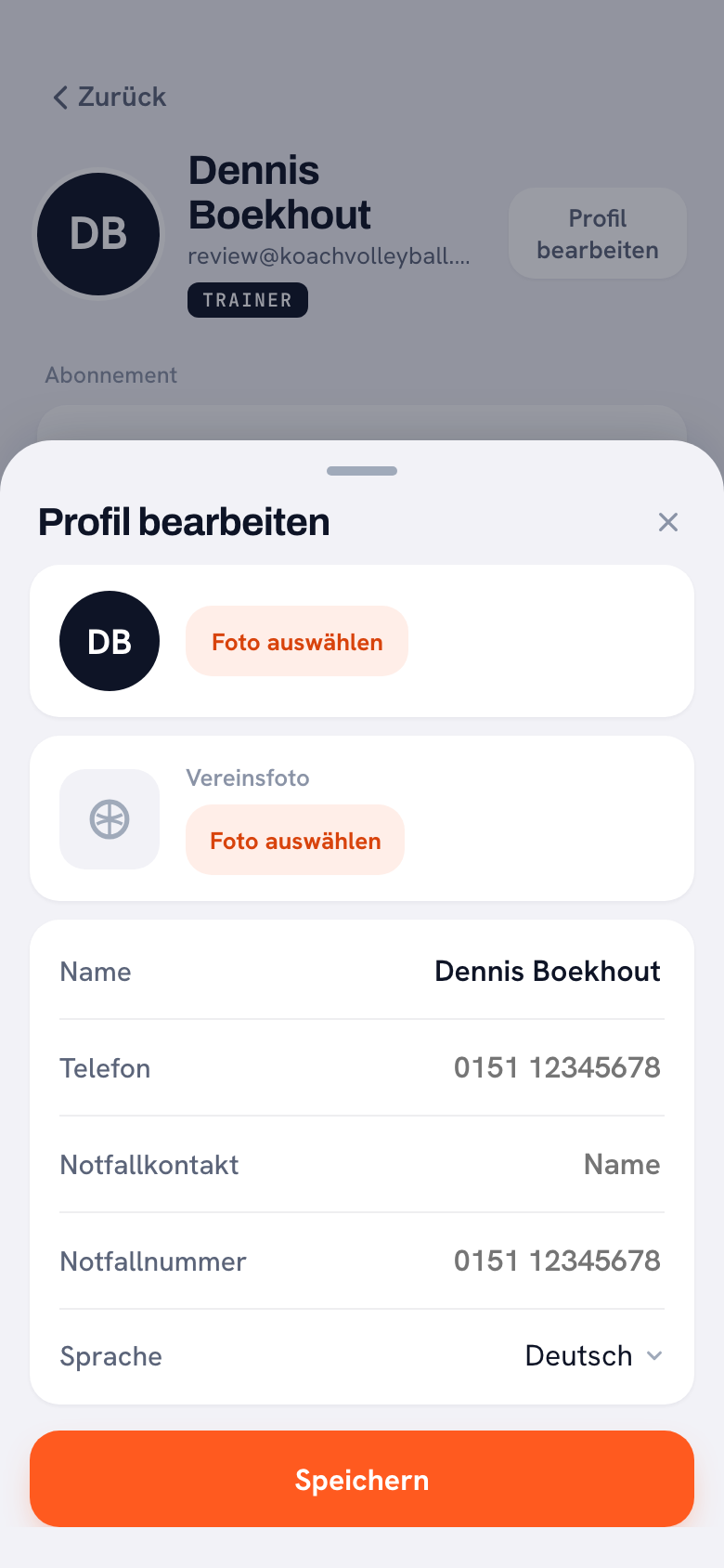 Das Fenster Profil bearbeiten in der Koach-App, in dem du deine Daten verwaltest: Name, Telefon, Notfallkontakt, Notfallnummer und Sprache