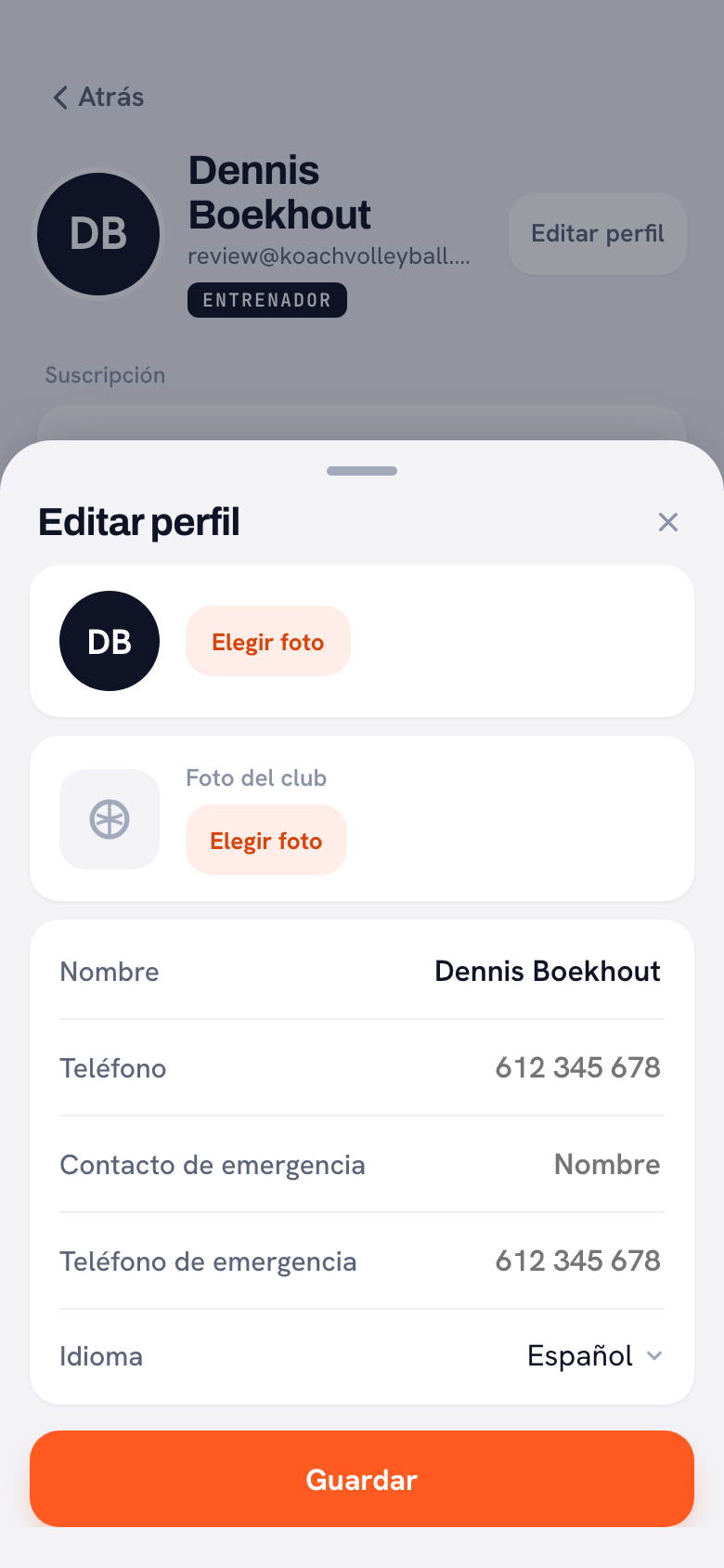 La ventana Editar perfil en la app Koach, donde gestionas tus datos: nombre, teléfono, contacto de emergencia, teléfono de emergencia e idioma