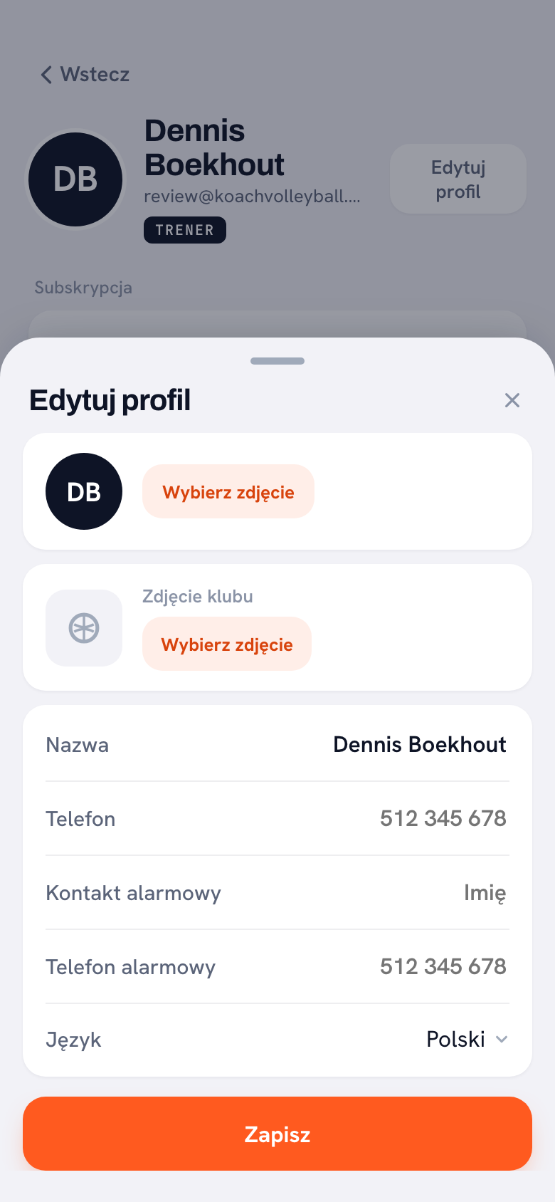 Okno Edytuj profil w aplikacji Koach, w którym zarządzasz swoimi danymi: imię, telefon, kontakt alarmowy, telefon alarmowy i język