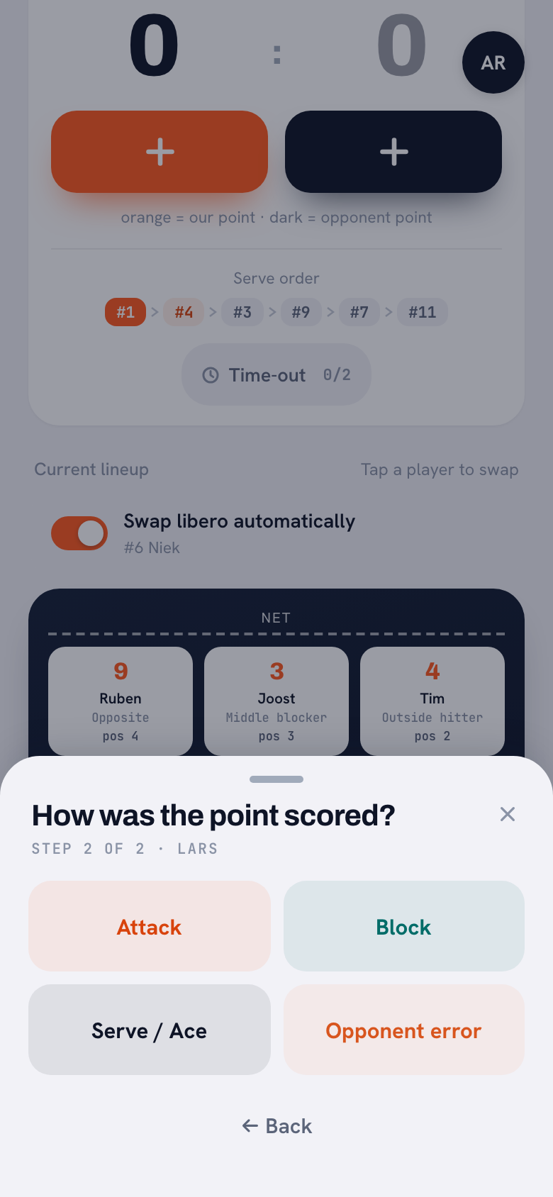 Step 2 of 2 in the Koach app: How was the point scored? with the Attack, Block, Serve / Ace and Opponent error buttons