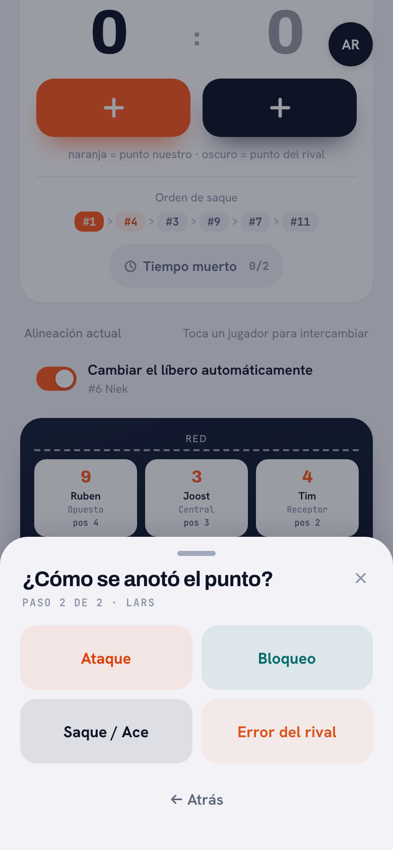 Paso 2 de 2 en la app Koach: ¿Cómo se anotó el punto? con los botones Ataque, Bloqueo, Saque / Ace y Error del rival