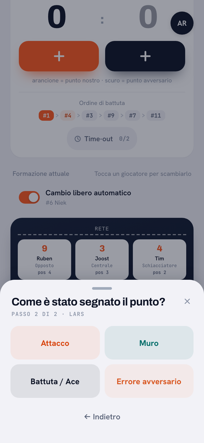 Passo 2 di 2 nell'app Koach: Come è stato segnato il punto? con i pulsanti Attacco, Muro, Battuta / Ace ed Errore avversario