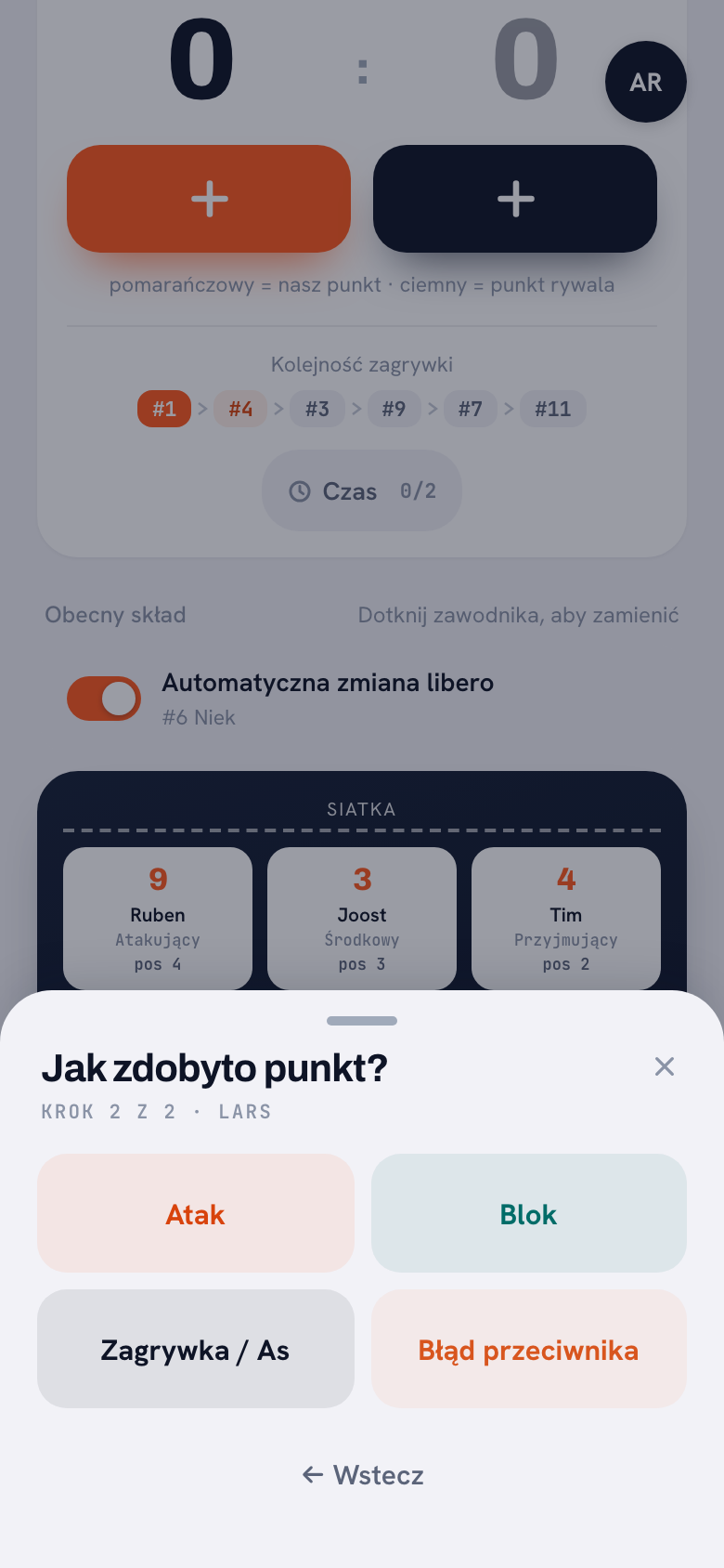 Krok 2 z 2 w aplikacji Koach: Jak zdobyto punkt? z przyciskami Atak, Blok, Zagrywka / As i Błąd przeciwnika