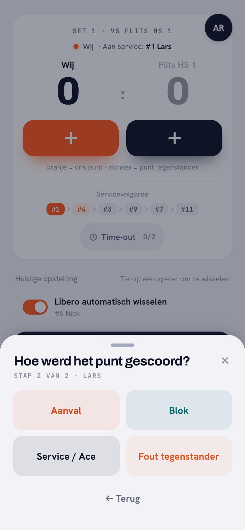 Stap 2 van 2 in de Koach-app: Hoe werd het punt gescoord? met de knoppen Aanval, Blok, Service / Ace en Fout tegenstander