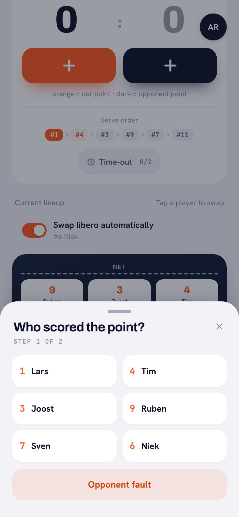 The Who scored the point? screen in the Koach app: step 1 of 2, with the six players on court and the Opponent error button