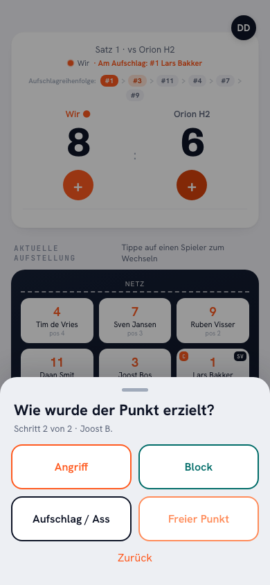 Bildschirm für den Punkttyp in der Koach-App: Auswahl zwischen Angriff, Block und Aufschlag nach der Spielerauswahl