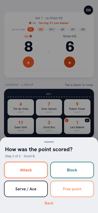 Point type screen in the Koach app: choice between attack, block and serve after selecting the player