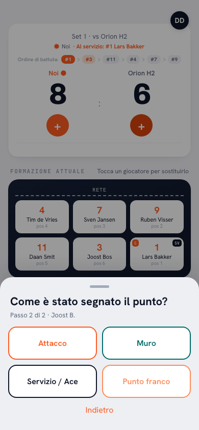 Schermata del tipo di punto nell'app Koach: scelta tra attacco, muro e battuta dopo aver selezionato la giocatrice