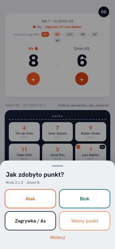 Ekran typu punktu w aplikacji Koach: wybór między atakiem, blokiem i zagrywką po wybraniu zawodnika