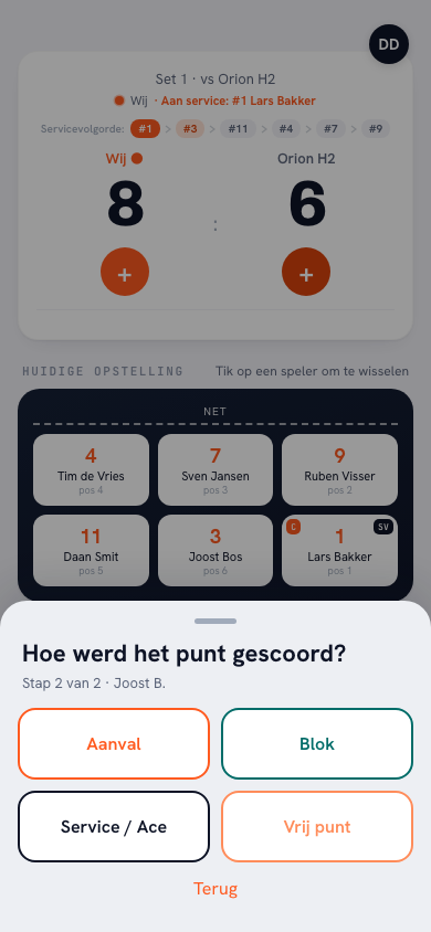 Punttype-scherm in de Koach-app: keuze tussen aanval, blok en service na het selecteren van de speler