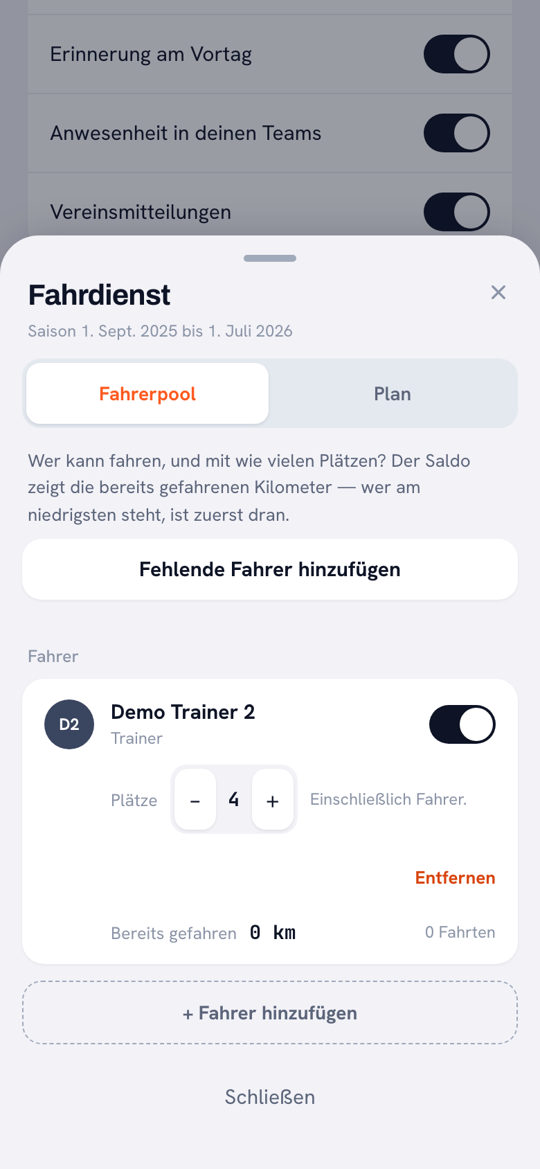 Das Blatt Fahrdienst im Reiter Fahrerpool: ein Fahrer, Demo Trainer 2, mit vier Plätzen einschließlich Fahrer und der Zeile Bereits gefahren 0 km, 0 Fahrten.