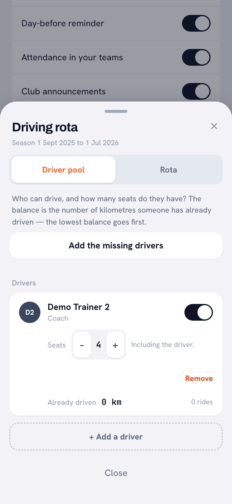 The Driving rota sheet on the Driver pool tab: one driver, Demo Trainer 2, with four seats including the driver and the line Already driven 0 km, 0 rides.