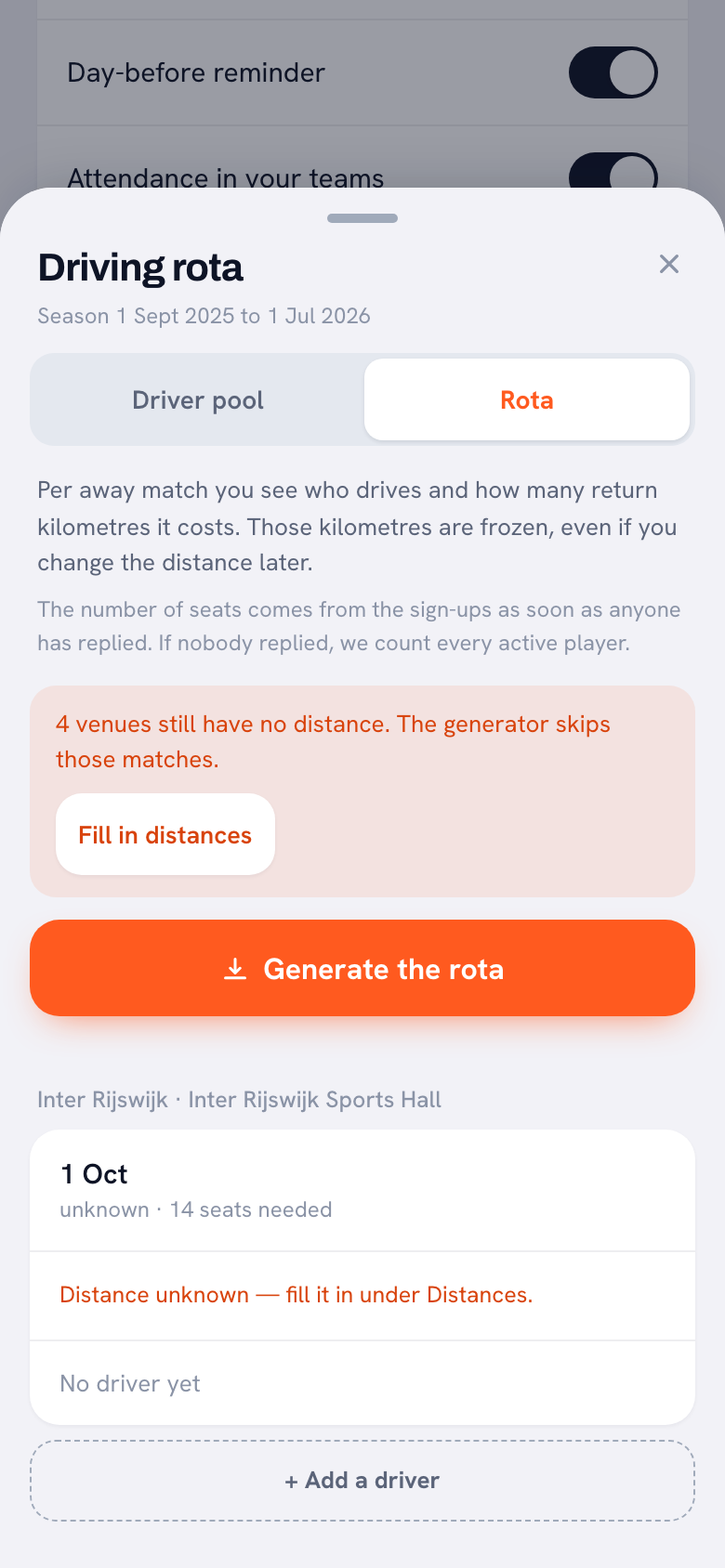 The Rota tab with an orange notice saying four venues still have no distance and the generator skips those matches, a Fill in distances button, and below it a match on 1 October marked Distance unknown and No driver yet.