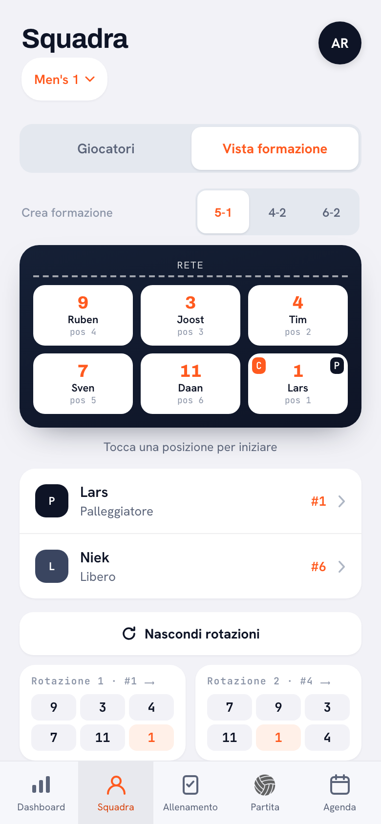 La stessa schermata formazione in un 5-1, ora con le rotazioni aperte. Sotto il campo due righe: Lars come palleggiatore con il #1 e Niek come libero con il #6. Più sotto le schede Rotazione 1 e Rotazione 2, ciascuna con sei numeri di maglia.