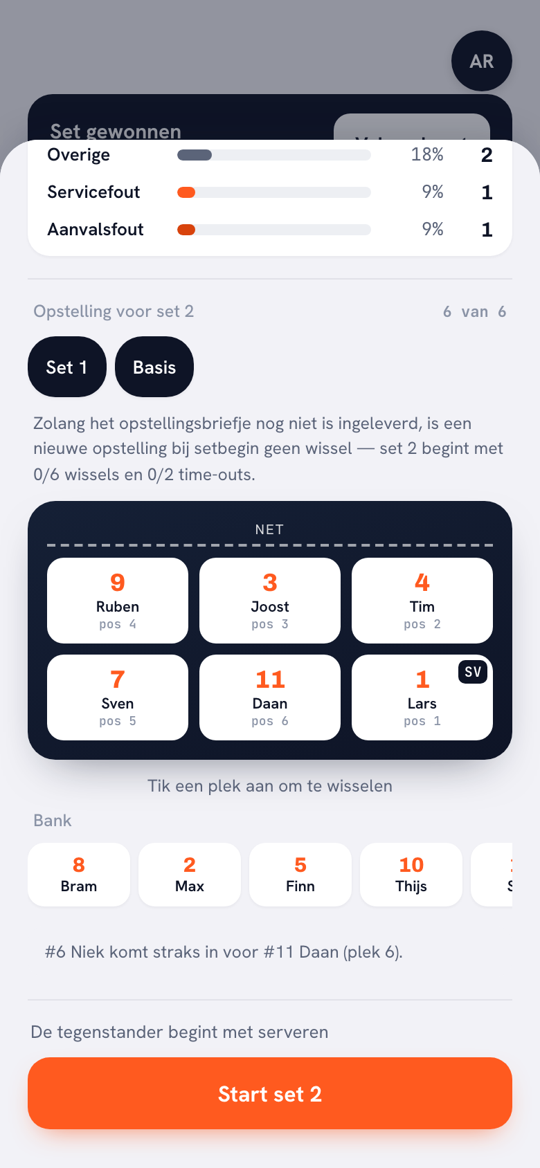 Het onderste deel van hetzelfde blad: Opstelling voor set 2 met de teller 6 van 6, de chips Set 1 en Basis, de regel over het opstellingsbriefje, het veld met zes spelers, de bank eronder en de knop Start set 2.