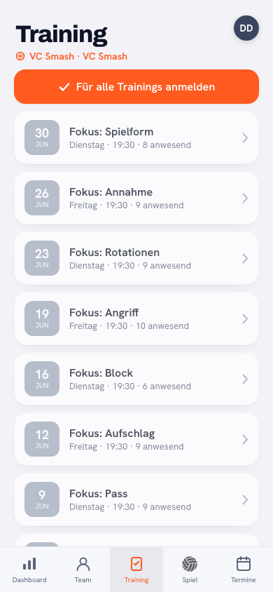 Der Training-Tab eines Spielers in der Koach-App: sich mit einem Tipp für ein Volleyballtraining an- oder abmelden